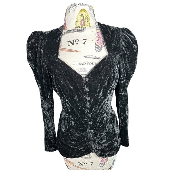Vintage Size 12 Velvet Top Witchy Whimsygoth Black Long Sleeve Button Sweetheart - Picture 1 of 13